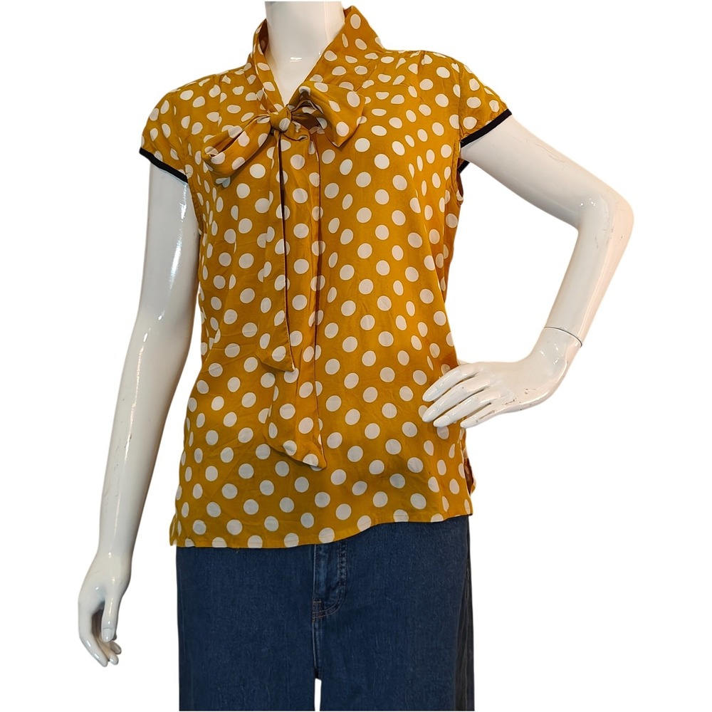 Tulip B Mustard Polka Dot Tie Neck Blouse Retro Style S